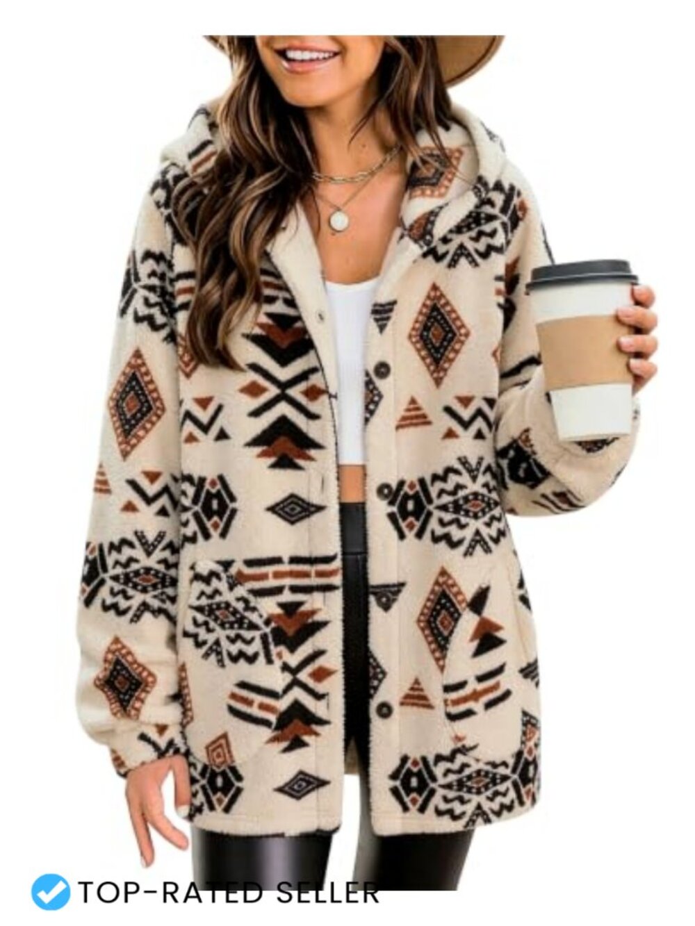 Womens Aztec Print Fleece Hoodie Jacket Button Down Sherpa Coat